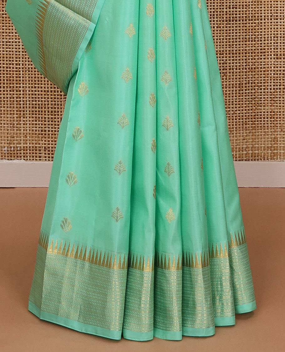 Green zari buttas silk saree, zari border of thazampoo rekku & muthu stripes & zari design pallu