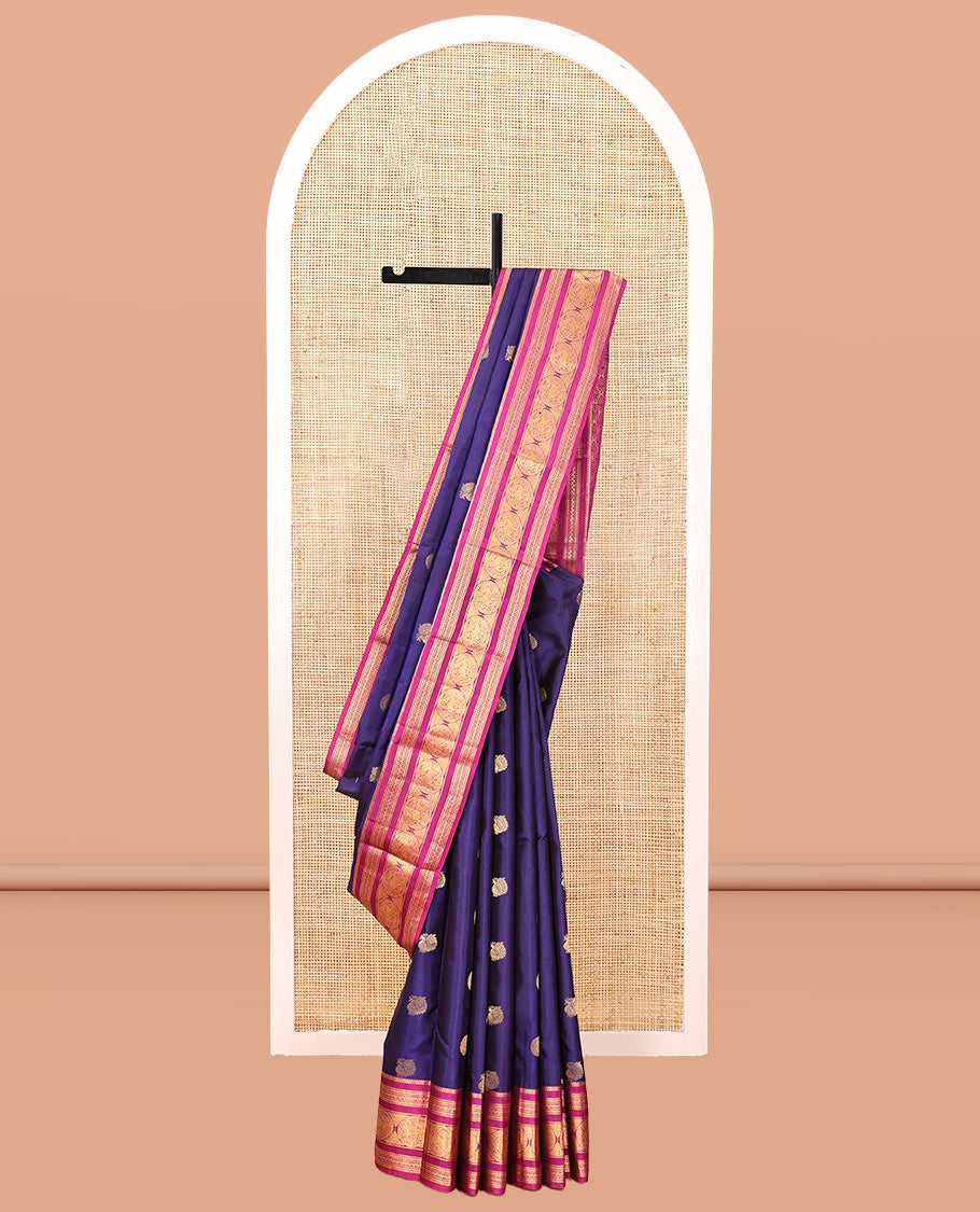 Violet Vasundhara Silk Saree, Meticulously Crafted with Mayil-Chakra Buttas, Contrast Border of Thilakam Mokku, Puli Nagam, and Round Yaali Designs, Grand Pallu, and a Contrast Blouse