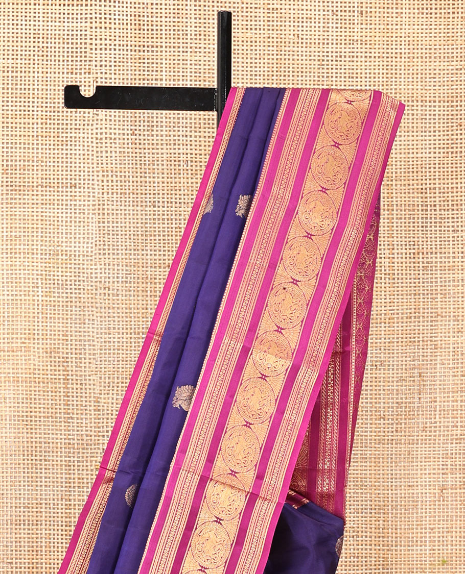 Violet Vasundhara Silk Saree, Meticulously Crafted with Mayil-Chakra Buttas, Contrast Border of Thilakam Mokku, Puli Nagam, and Round Yaali Designs, Grand Pallu, and a Contrast Blouse