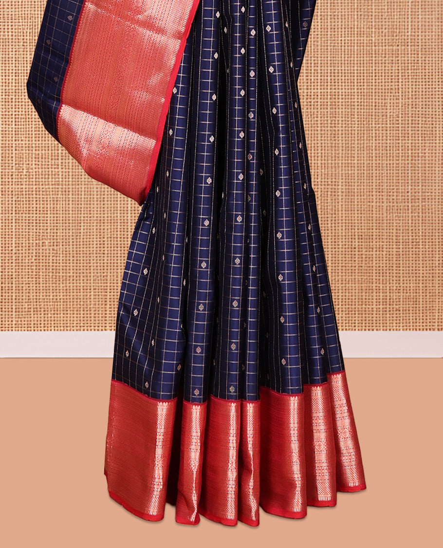 Blue Vasundhara Silk Saree, Woven with Zari Butta Enclosed Checks, Contrast Border of Thilakam Mokku, Muthu, Rettai Neli, and Geometric Designs, Jaal Pallu, and Contrast Blouse