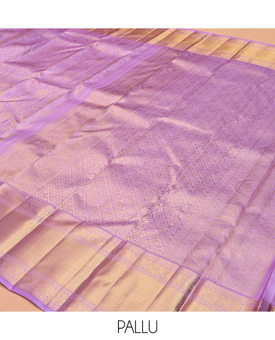 Lavender Kanchipuram Wedding Silk Saree, Decorated with Jacquard Design, a Zari Border of Neli, Poun, and Mayil Kann Designs, Jaal Pallu, and a Matching Blouse