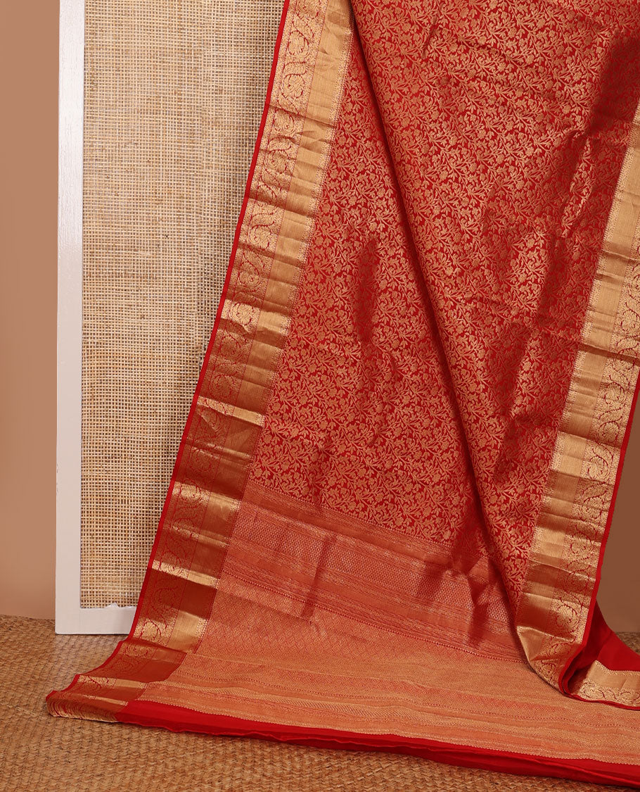 Red floral jaal jacquard wedding silk saree, zari border of rekku & dhavana kodi designs & pallu of zari woven jaal design