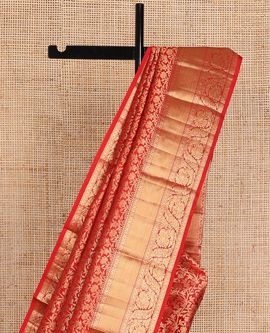 Red floral jaal jacquard wedding silk saree, zari border of rekku & dhavana kodi designs & pallu of zari woven jaal design