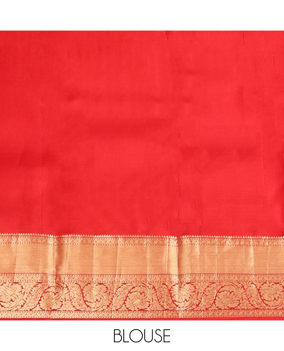 Red floral jaal jacquard wedding silk saree, zari border of rekku & dhavana kodi designs & pallu of zari woven jaal design