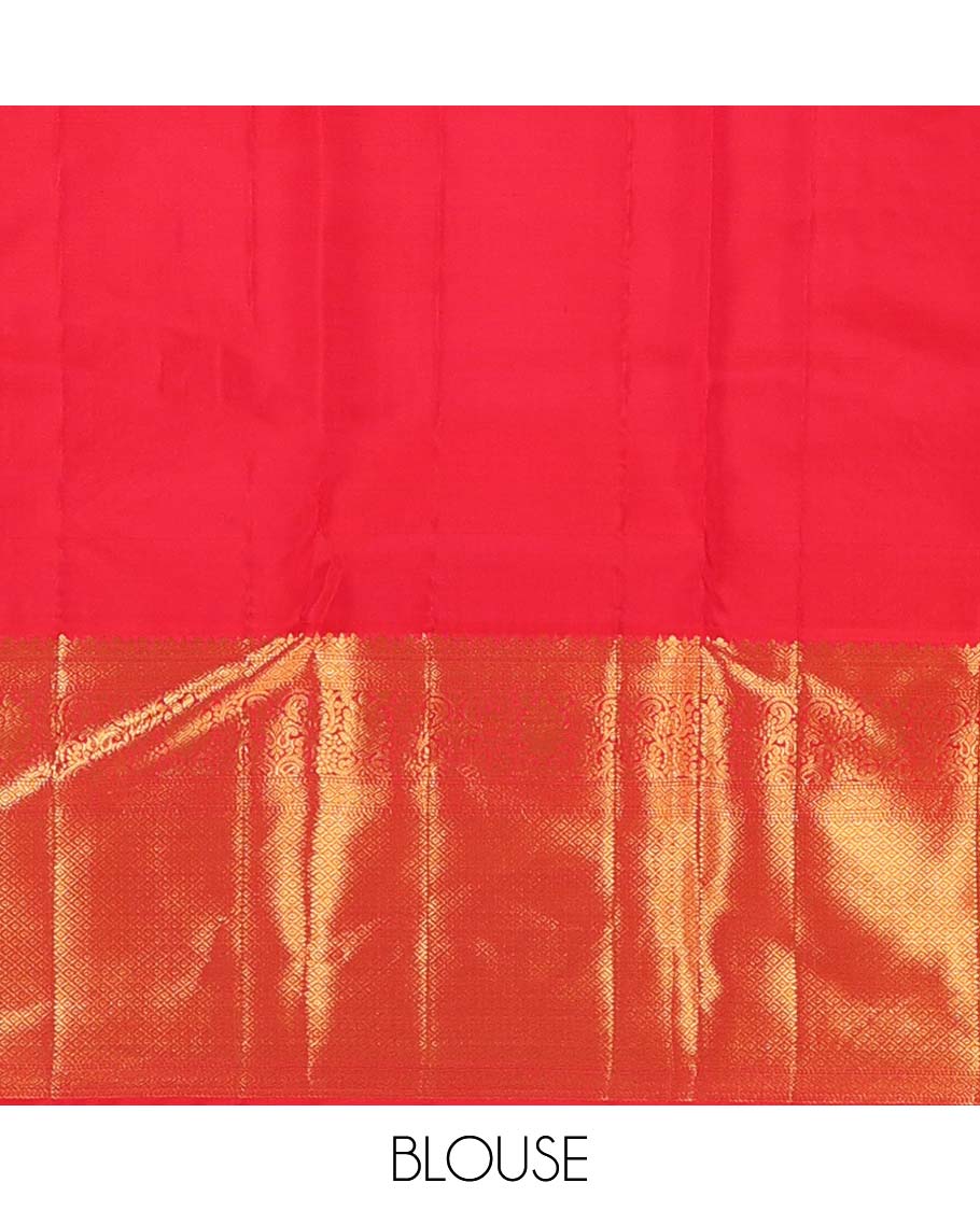 Red floral jacquard wedding silk saree, traditional zari design border, and zari-rich jaal pallu