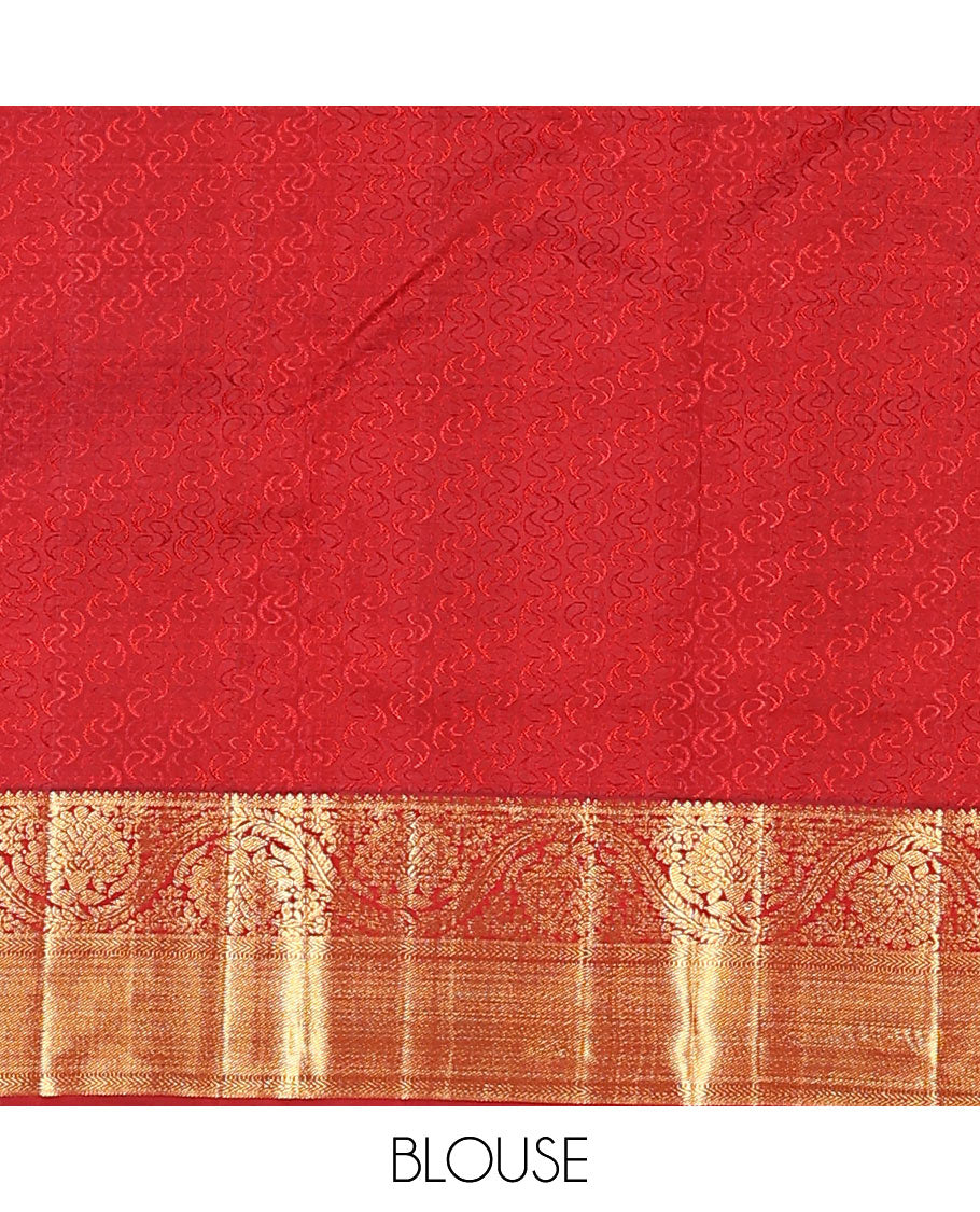 Red jacquard kanchipuram silk saree, zari border of thilakam, kathir, muthu, and dhavana kodi designs, and butta enclosed jaal pallu
