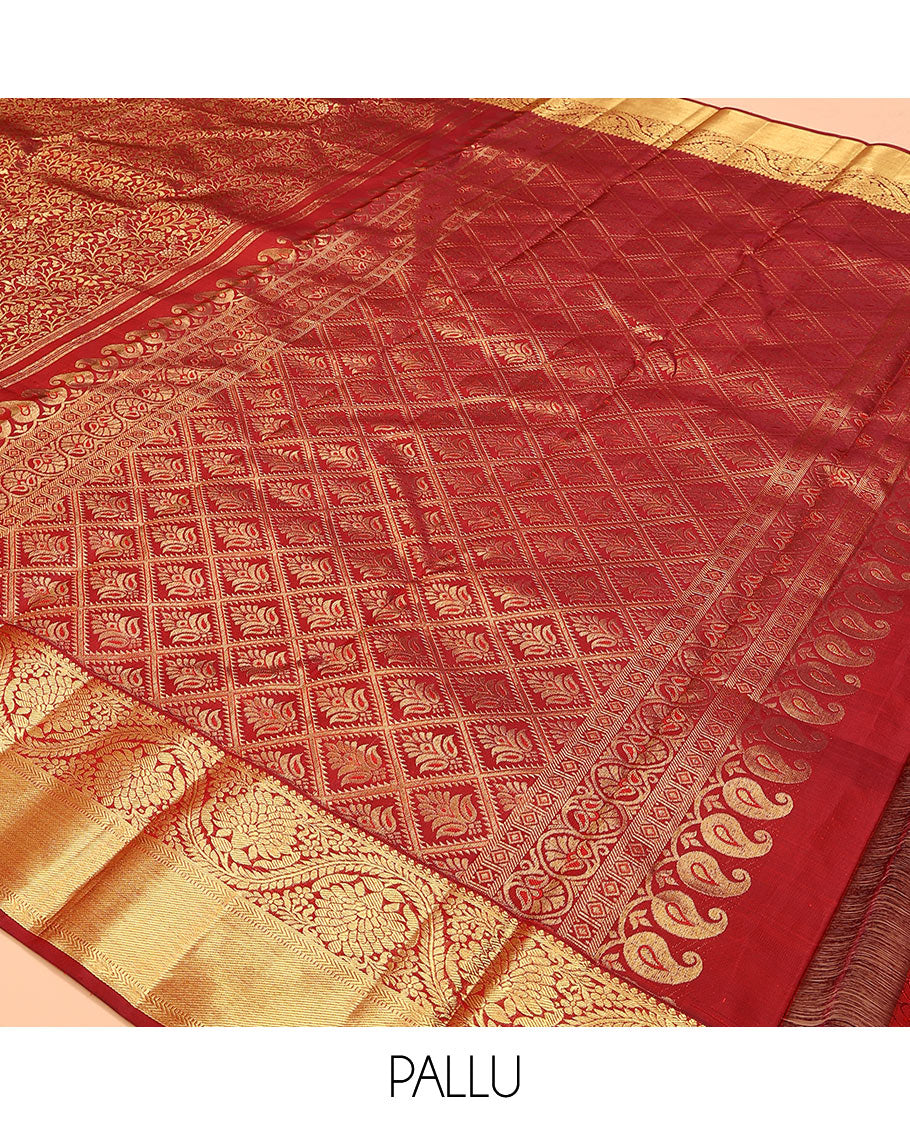 Red jacquard kanchipuram silk saree, zari border of thilakam, kathir, muthu, and dhavana kodi designs, and butta enclosed jaal pallu