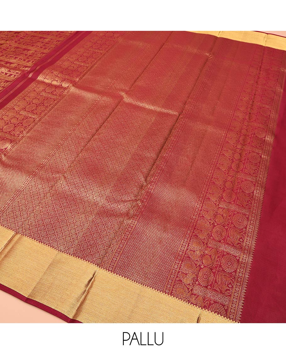 Maroon Kanchipuram Wedding Silk Saree, Artfully Woven with Warli Village Theme Motifs in Jacquard Weave, Highlighted by Thick Zari Border, Grand Jaal Pallu and Paired with a Matching Blouse