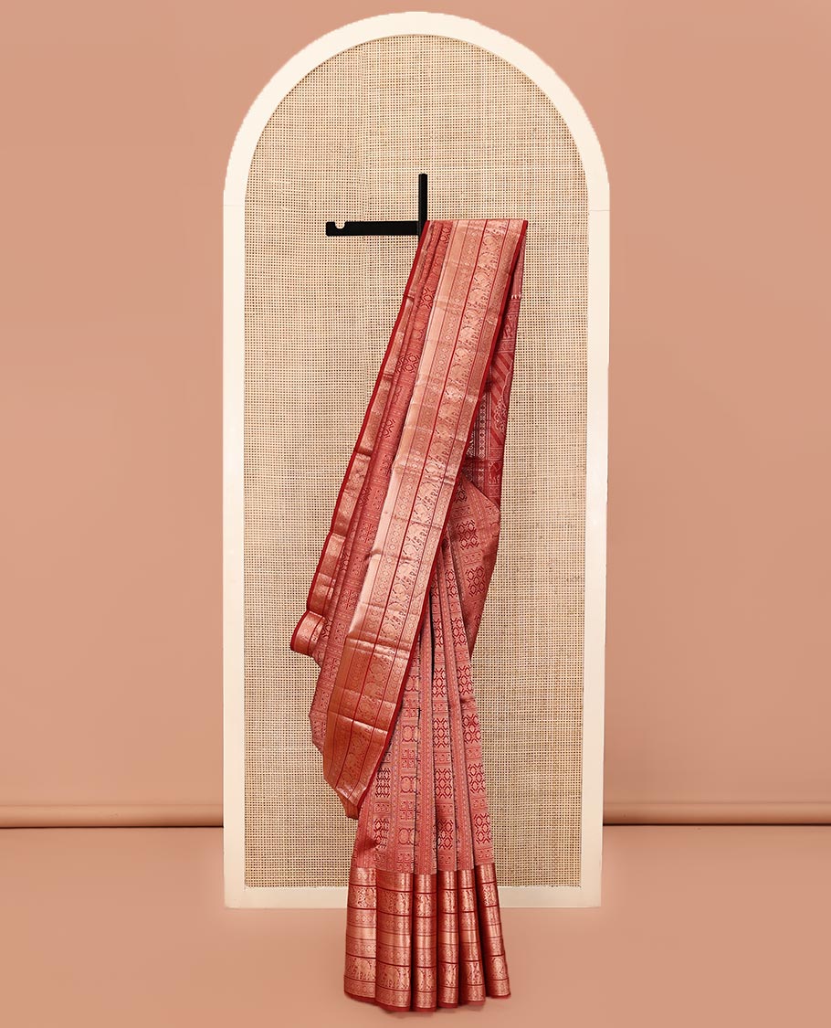 Red Kanchipuram Wedding Silk Saree, Spotlighted with Jacquard on Its Body, Highlighted by a Zari Border of Rekku, Muthu, Laddu Kamalam, Mayil, Mayil Kann, Ad Yaanai Designs, Meticulously Crafted Pallu, and Paired with a Matching Blouse