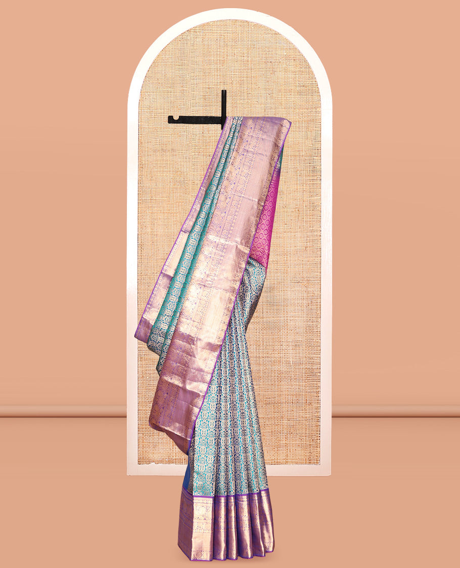Blue Kanchipuram Wedding Silk Saree, Embellished with Jacquard Design, a Contrast Border of Thilakam, Rudraksham, Mayil, Yaanai, Chakram, and Mayil Kann, Grand Pallu, and a Contrast Blouse