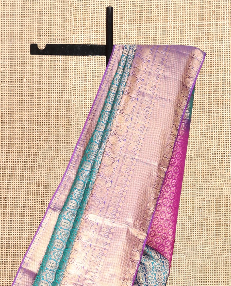 Blue Kanchipuram Wedding Silk Saree, Embellished with Jacquard Design, a Contrast Border of Thilakam, Rudraksham, Mayil, Yaanai, Chakram, and Mayil Kann, Grand Pallu, and a Contrast Blouse
