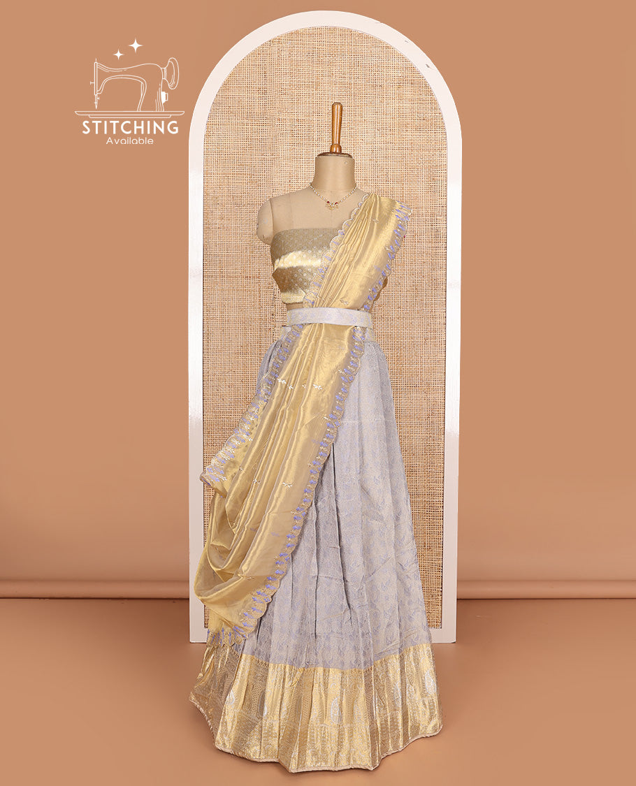 Grey art silk half-saree, brocade with contrast traditional border skirt, contrast brocade blouse, scallop embroidered dhavani, and detachable belt