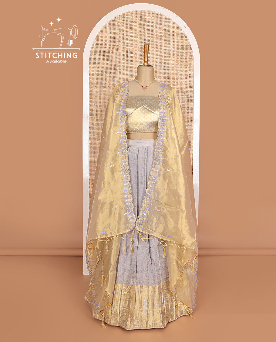 Grey art silk half-saree, brocade with contrast traditional border skirt, contrast brocade blouse, scallop embroidered dhavani, and detachable belt