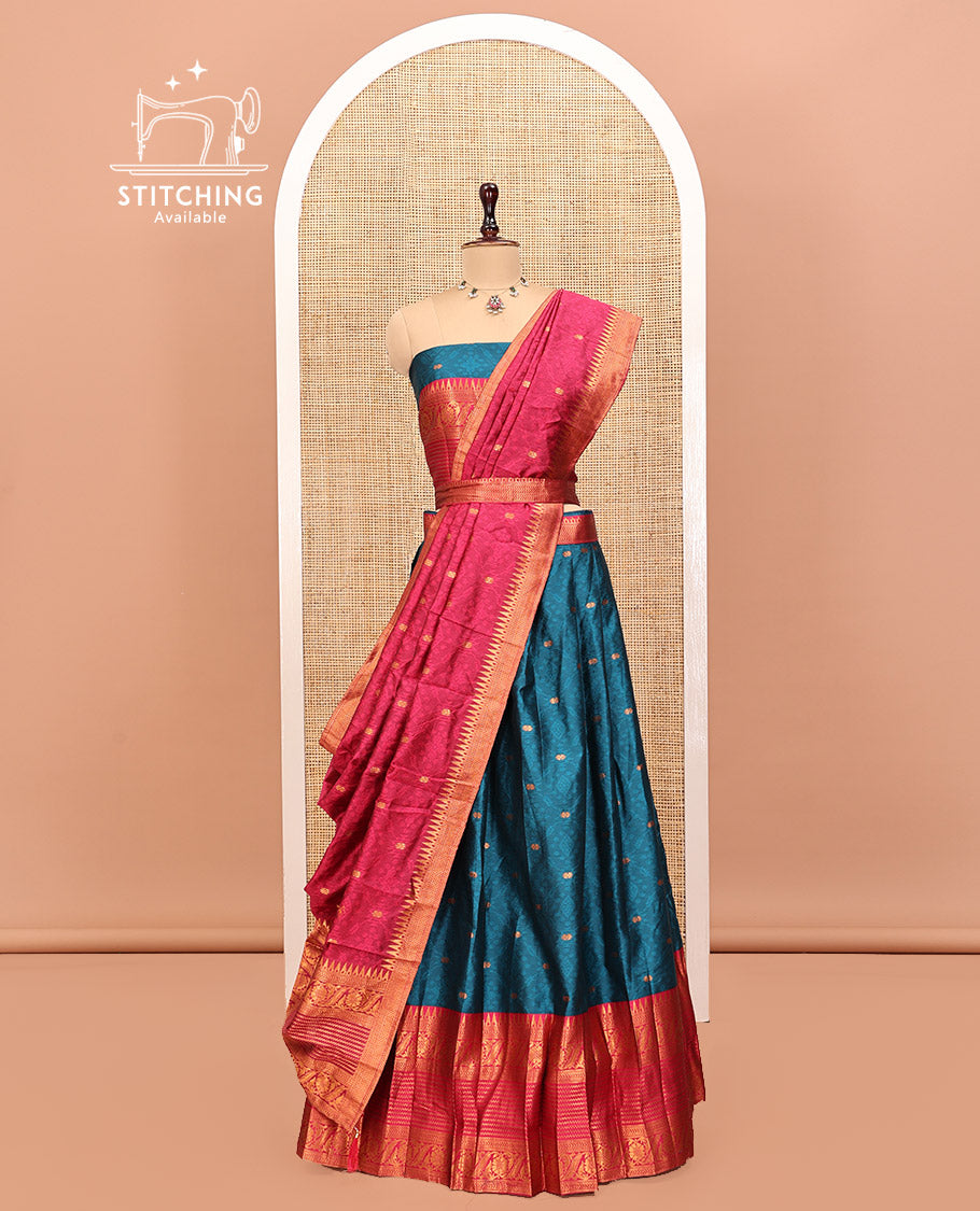 Blue Art Silk Half Saree, Delicately Woven with Embossed and Buttas Skirt, Contrast Traditional Border, Matching Blouse, and a Contrast Dhavani