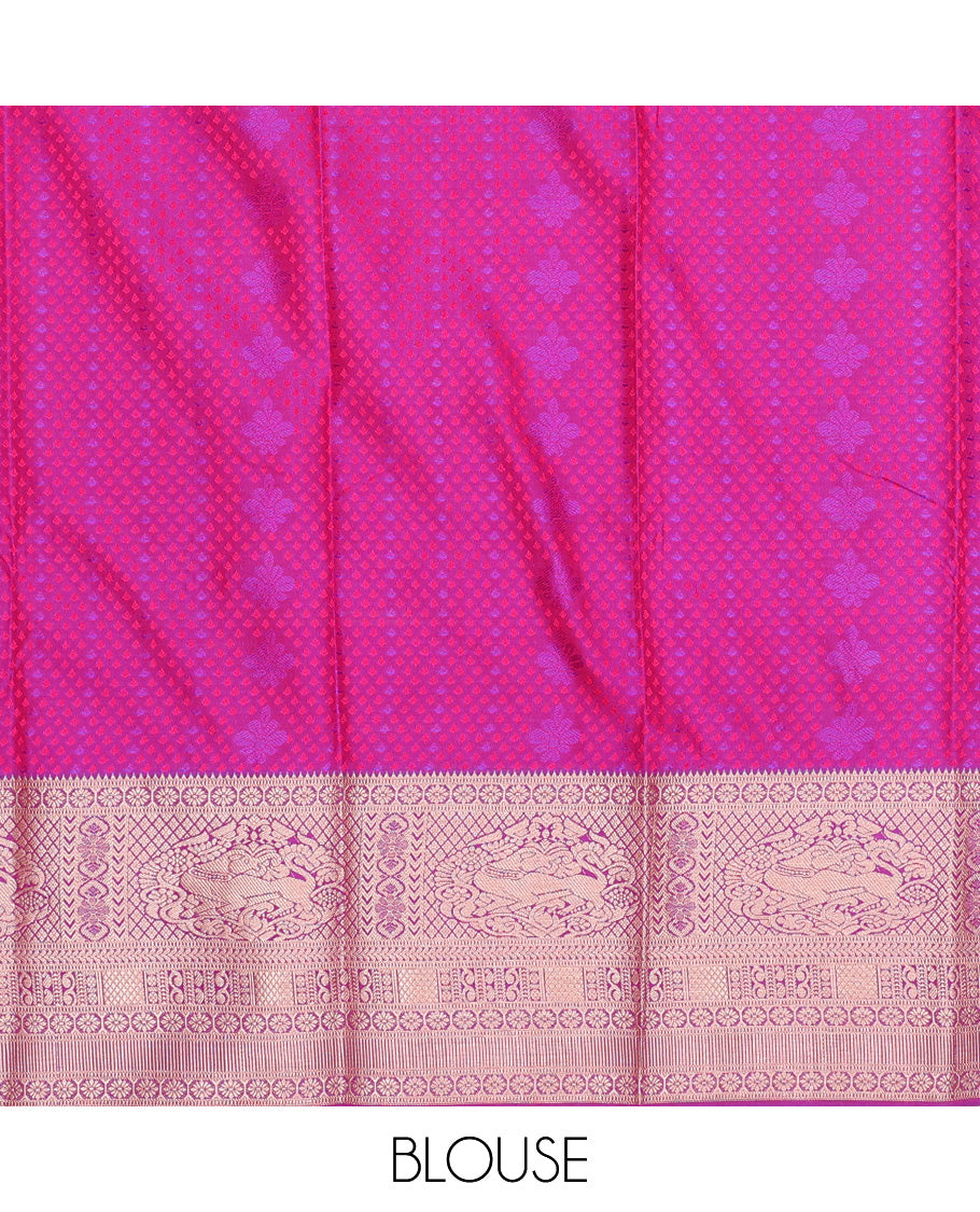 Red silk pavadai set, embossed, zari buttas with contrast traditional zari bordered skirt and a contrast dual-color zari border blouse