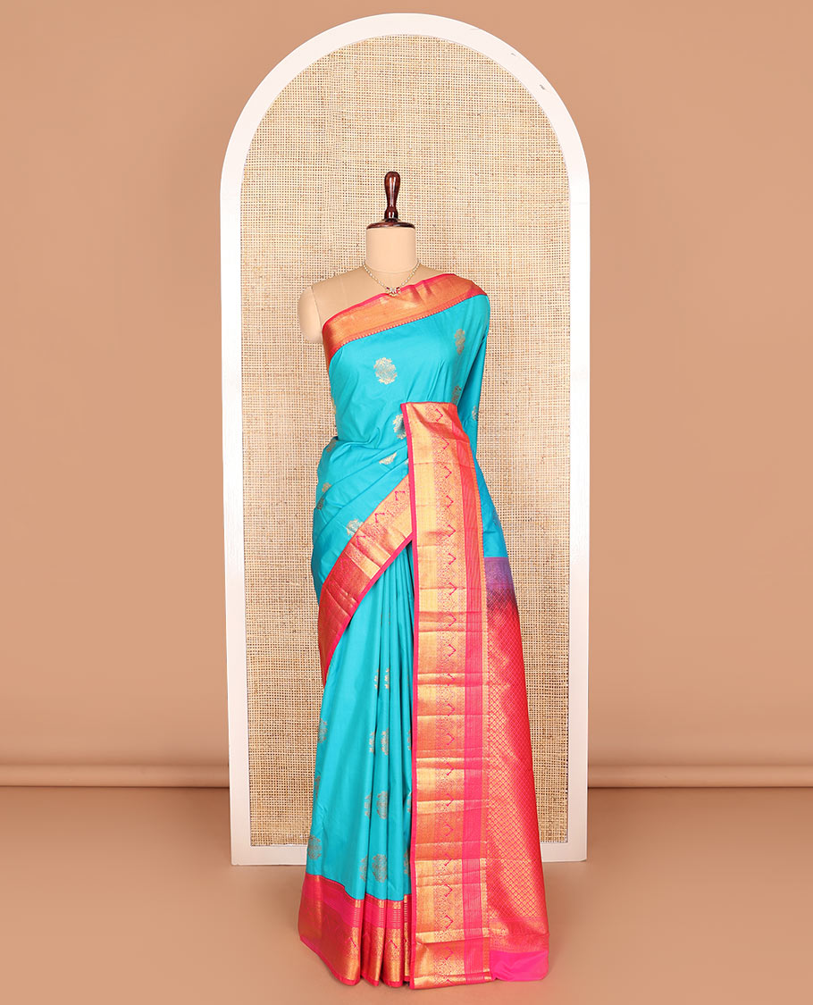 Blue zari buttas budget silk saree, contrast traditional zari design border, and jaal pallu