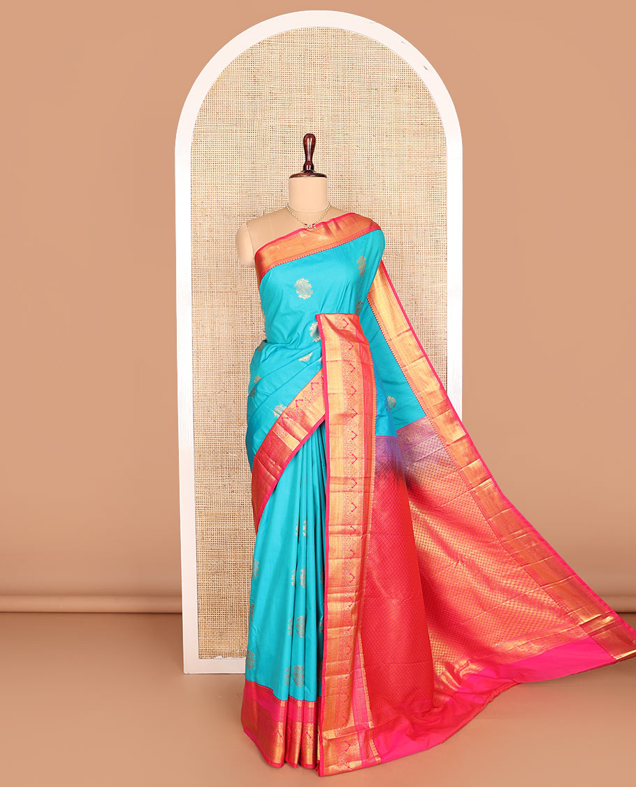 Blue zari buttas budget silk saree, contrast traditional zari design border, and jaal pallu