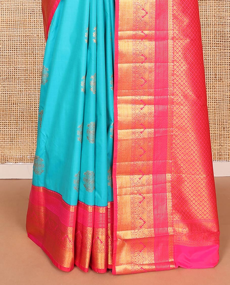 Blue zari buttas budget silk saree, contrast traditional zari design border, and jaal pallu