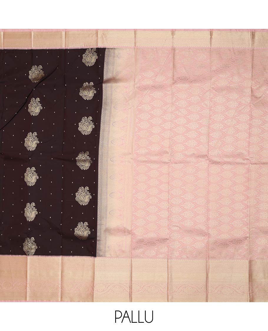 Brown zari buttas gift saree, contrast traditional zari design border, and jaal pallu