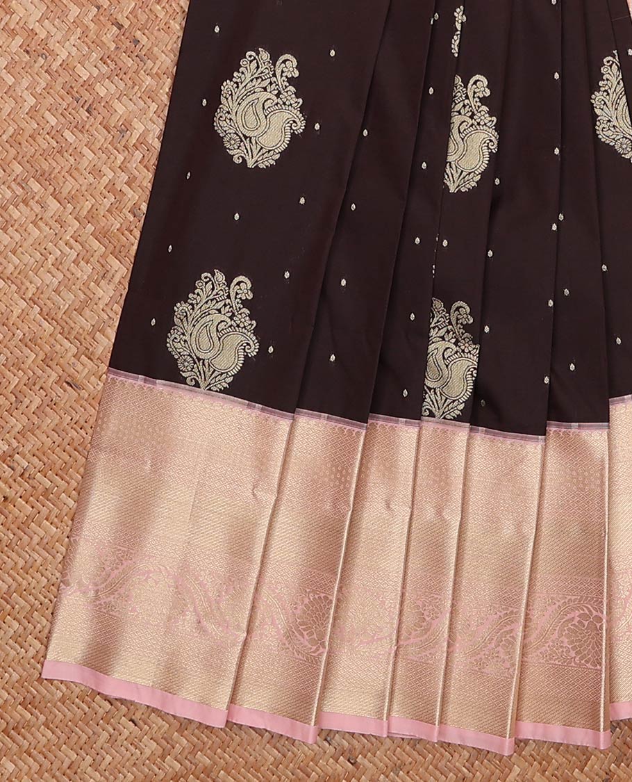 Brown zari buttas gift saree, contrast traditional zari design border, and jaal pallu