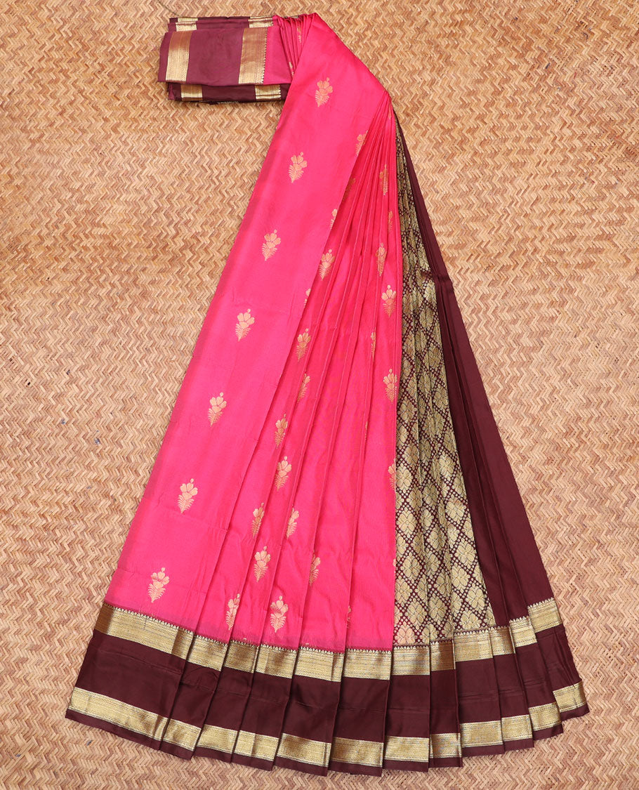Pink Budget Silk Saree, Richly Detailed with Floral Buttas All Over Its Body, Complemented by a Contrast Traditional Zari Design Rettai Pettu Border, Gracefully Woven Pallu of Jaal Designs, and Paired with a Contrast Blouse