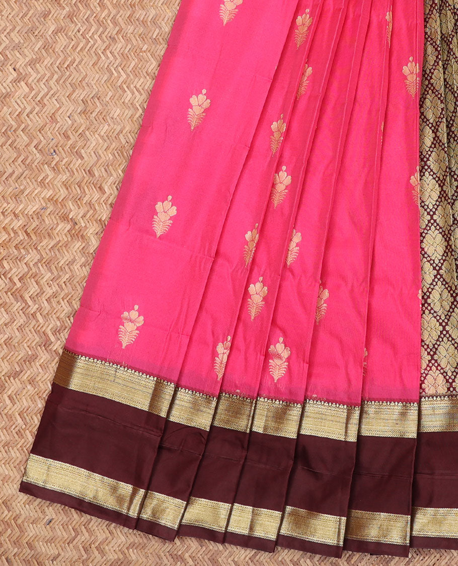 Pink Budget Silk Saree, Richly Detailed with Floral Buttas All Over Its Body, Complemented by a Contrast Traditional Zari Design Rettai Pettu Border, Gracefully Woven Pallu of Jaal Designs, and Paired with a Contrast Blouse