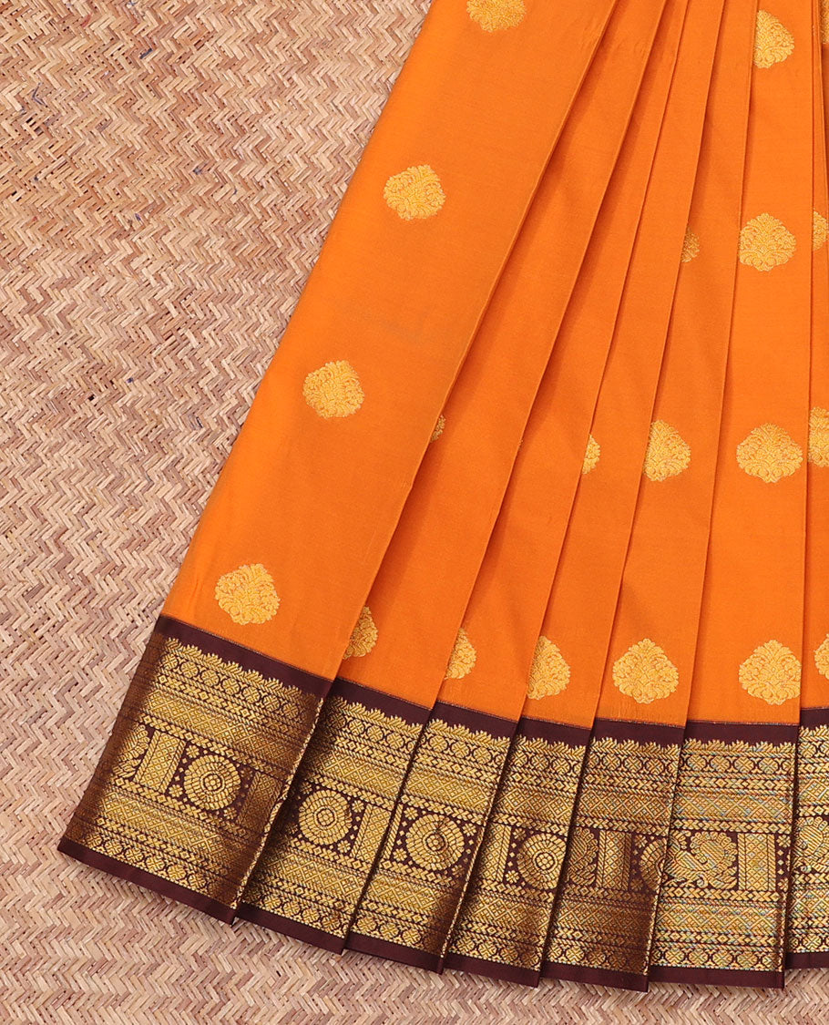 Orange Budget Silk Saree, Accentuated with Zari Buttas All Over Its Body, Complemented by a Contrast Traditional Zari Design Woven Border, Gleaming Jaal Pallu, and Paired with a Contrast Blouse
