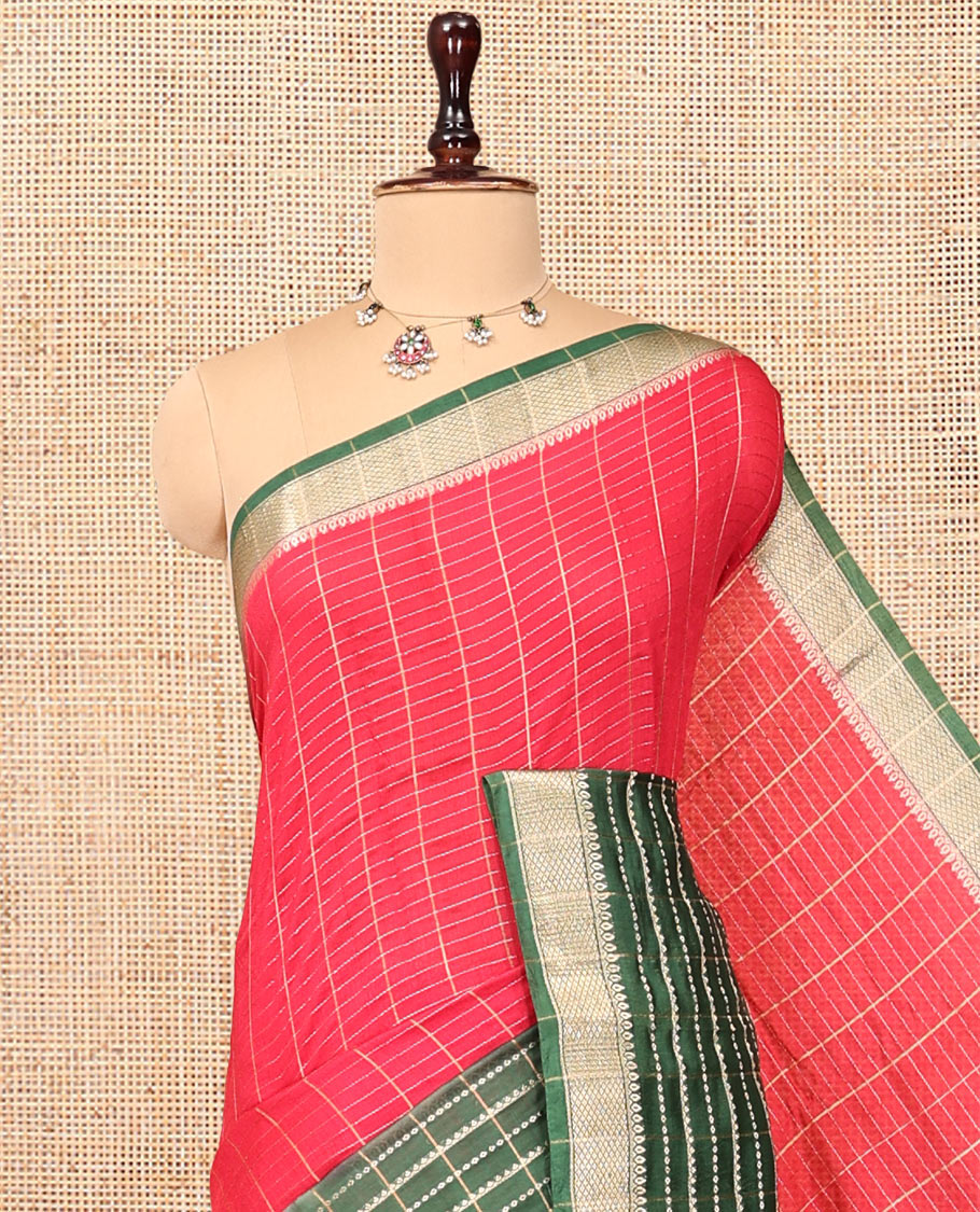 Red Assam Silk Saree, Mesmerized with Zari Checks, Complemented by Contrast Traditional Border, Zari Striped Pallu, and a Contrast Blouse