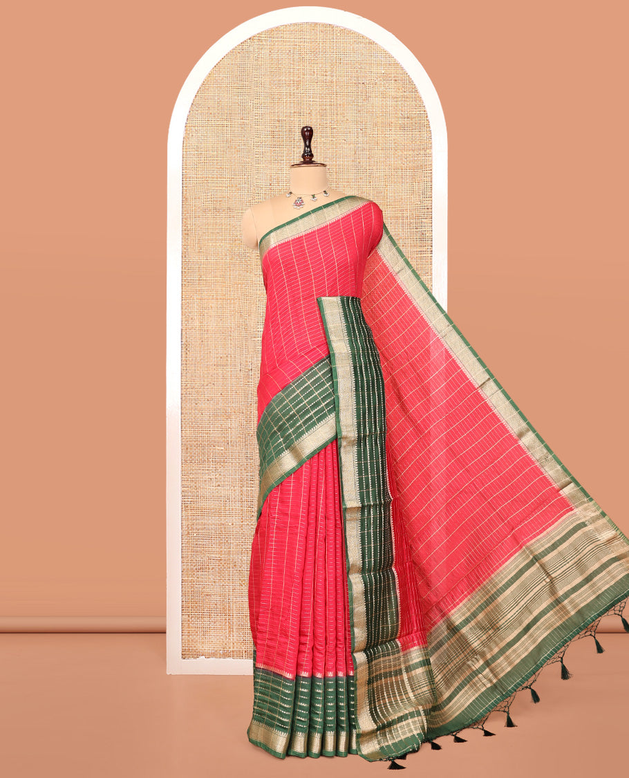 Red Assam Silk Saree, Mesmerized with Zari Checks, Complemented by Contrast Traditional Border, Zari Striped Pallu, and a Contrast Blouse