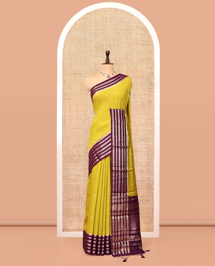 Green Assam Silk Saree, Ornamented with Zari Buttas, Complemented by a Contrast Traditional Zari Border, Striped Pallu, and a Contrast Blouse
