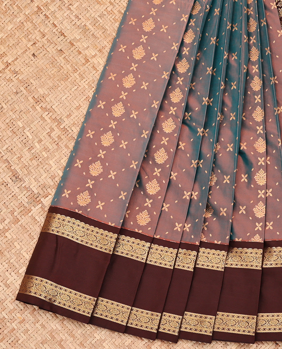 Blue Dual-Toned Budget Silk Saree, Enriched with Zari Buttas All Over Its Body, Complemented by Contrast Rettai Pettu Border of Traditional Zari Designs, Grand Jaal Pallu, and Paired with a Contrast Blouse