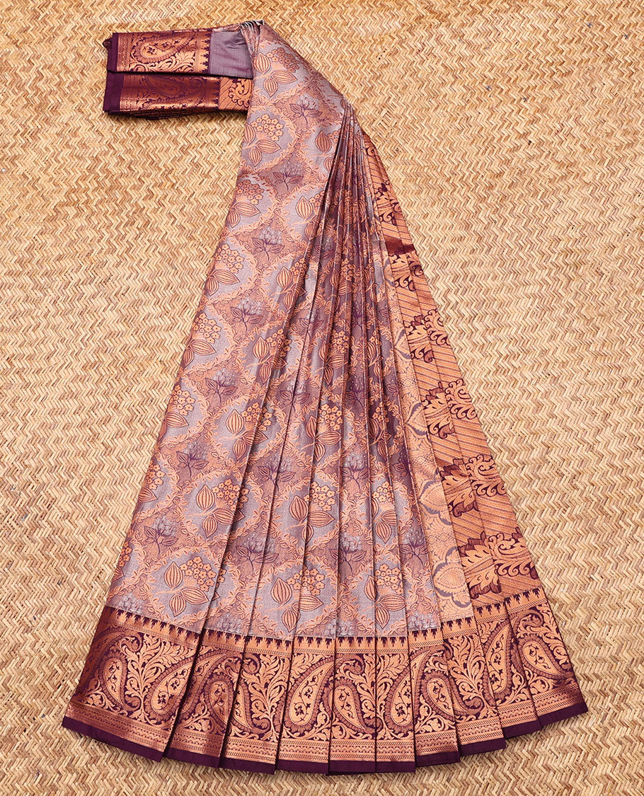 Grey Budget Silk Saree, Woven with Jacquard, Complemented by Contrast Paisley Zari Border, Grand Jaal Pallu, and a Contrast Blouse
