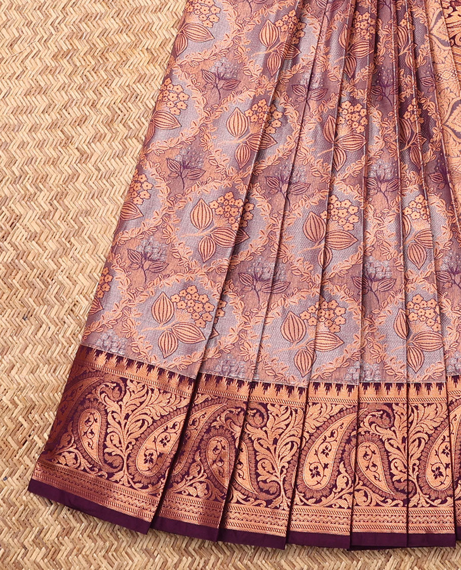 Grey Budget Silk Saree, Woven with Jacquard, Complemented by Contrast Paisley Zari Border, Grand Jaal Pallu, and a Contrast Blouse
