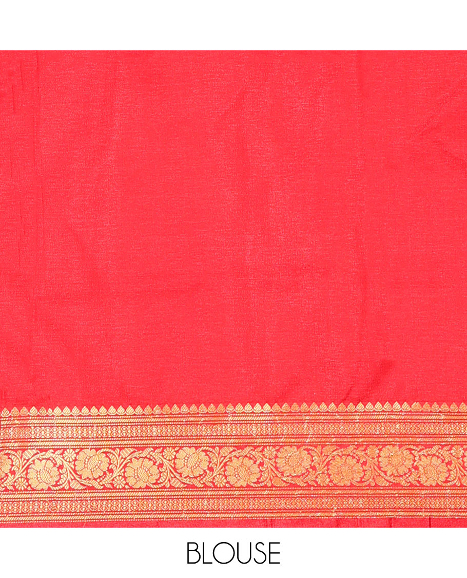 Pink buttas semi banaras nylon with contrast intricate zari design border & floral design pallu