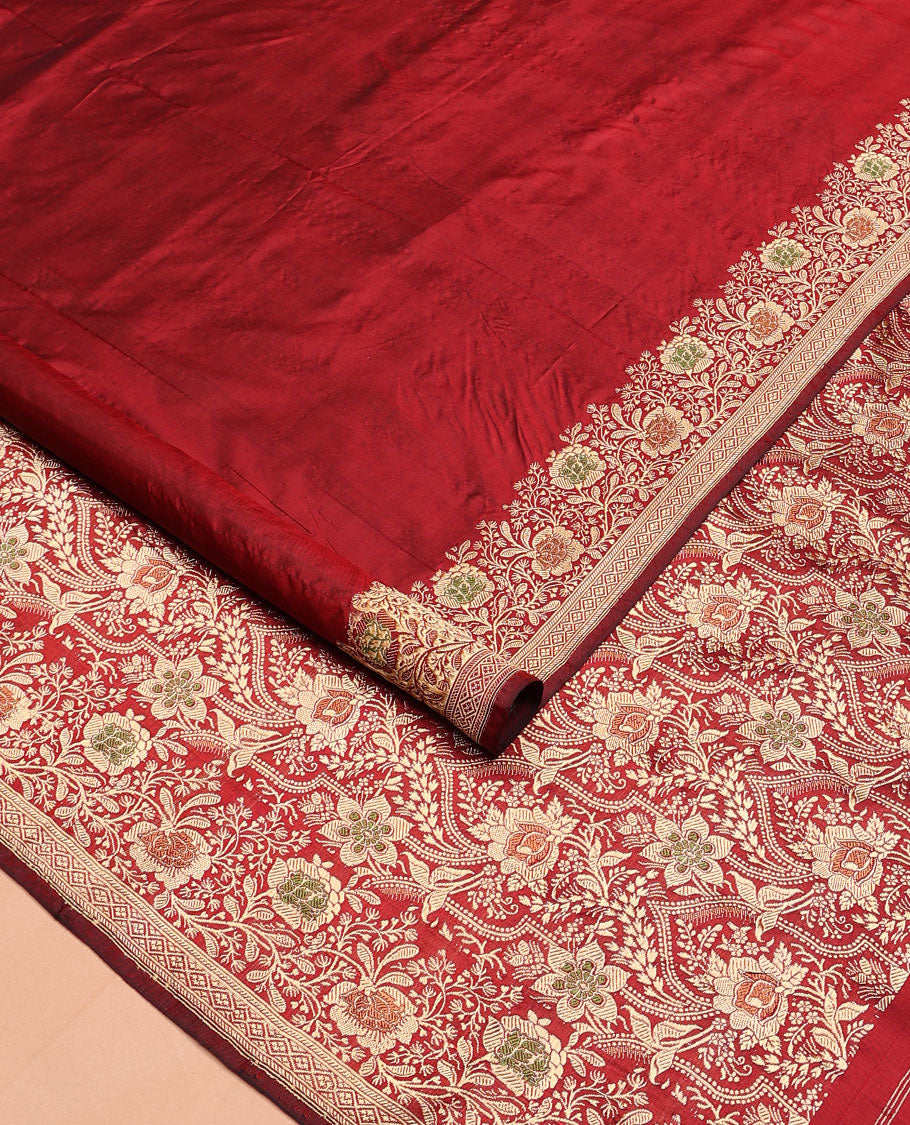 Red plain banarasi kathan silk saree, floral creeper meenakari border, and Mughal-style arches and floral design weave
