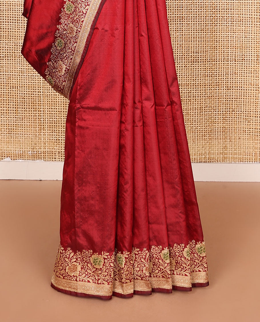 Red plain banarasi kathan silk saree, floral creeper meenakari border, and Mughal-style arches and floral design weave