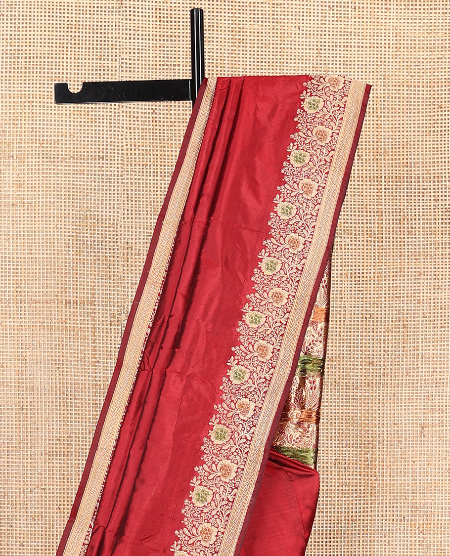 Red plain banarasi kathan silk saree, floral creeper meenakari border, and Mughal-style arches and floral design weave