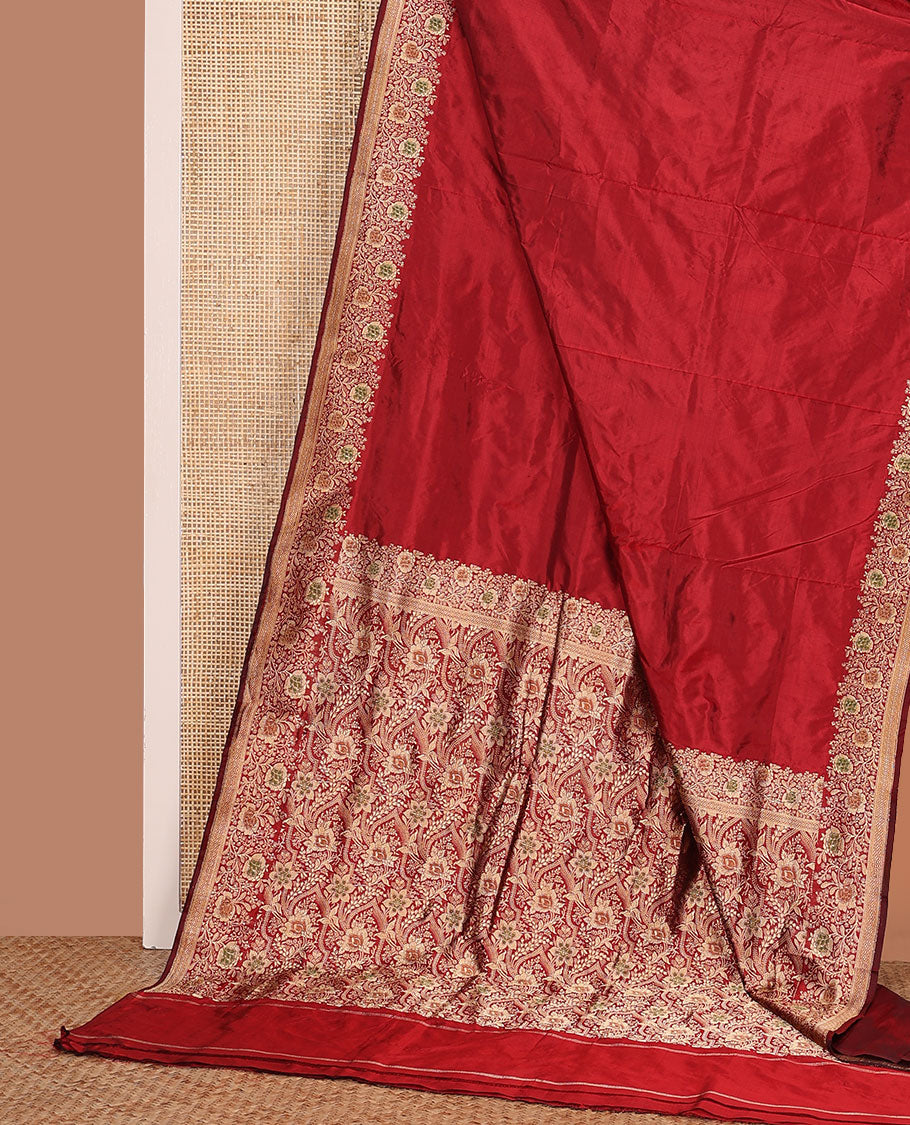 Red plain banarasi kathan silk saree, floral creeper meenakari border, and Mughal-style arches and floral design weave