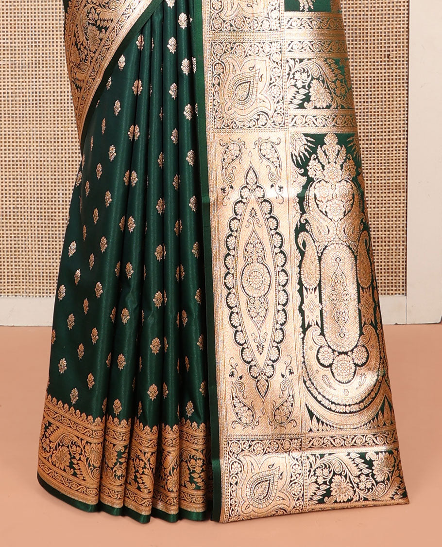 Green Banarasi Nylon Saree Showcasing Buttas, Floral Creeper Zari Border, Intricate Pallu, and a Contrast Blouse
