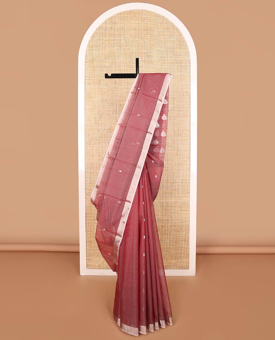 Maroon floral motifs chanderi cotton saree with contrast border & striped, floral design pallu