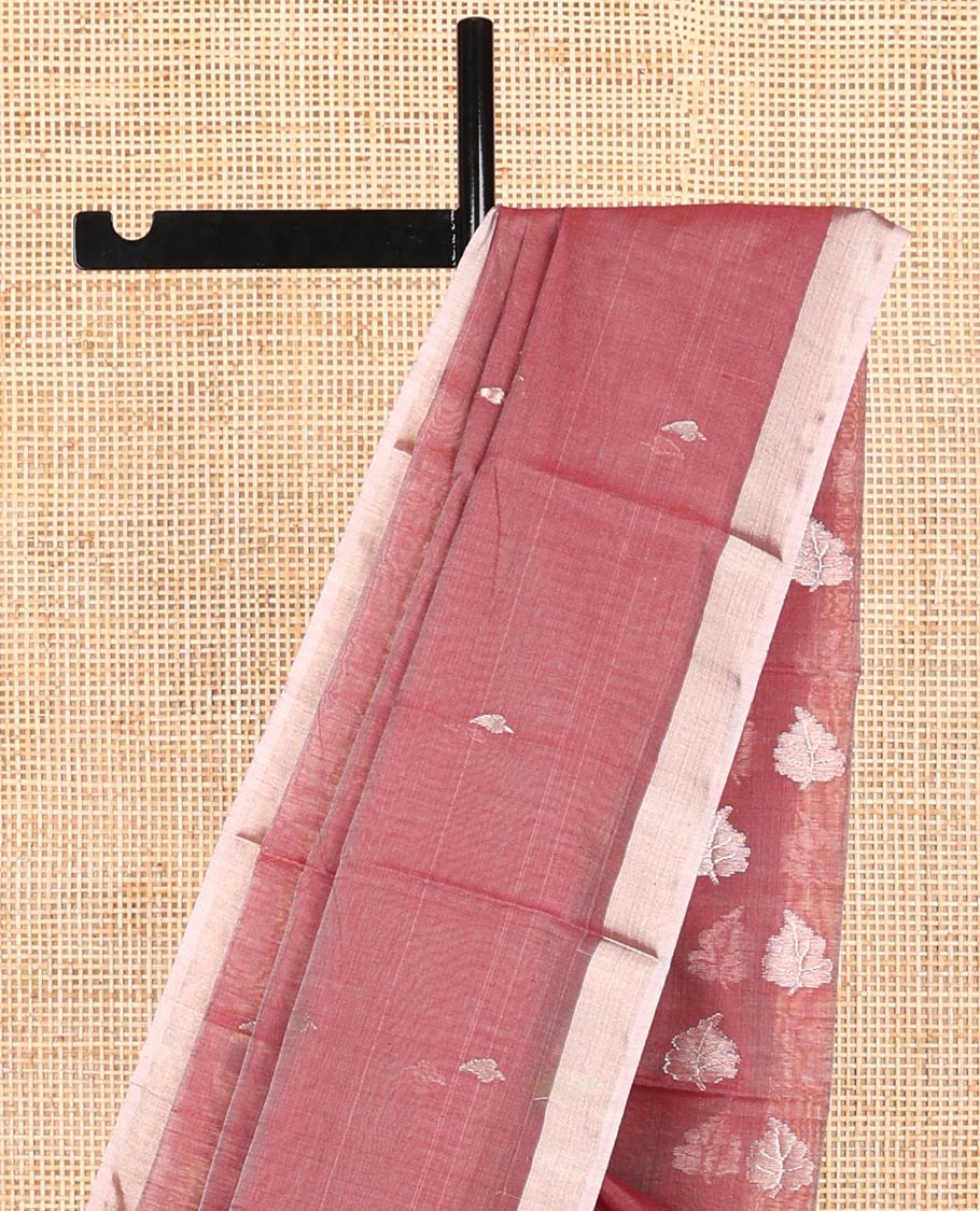 Maroon floral motifs chanderi cotton saree with contrast border & striped, floral design pallu