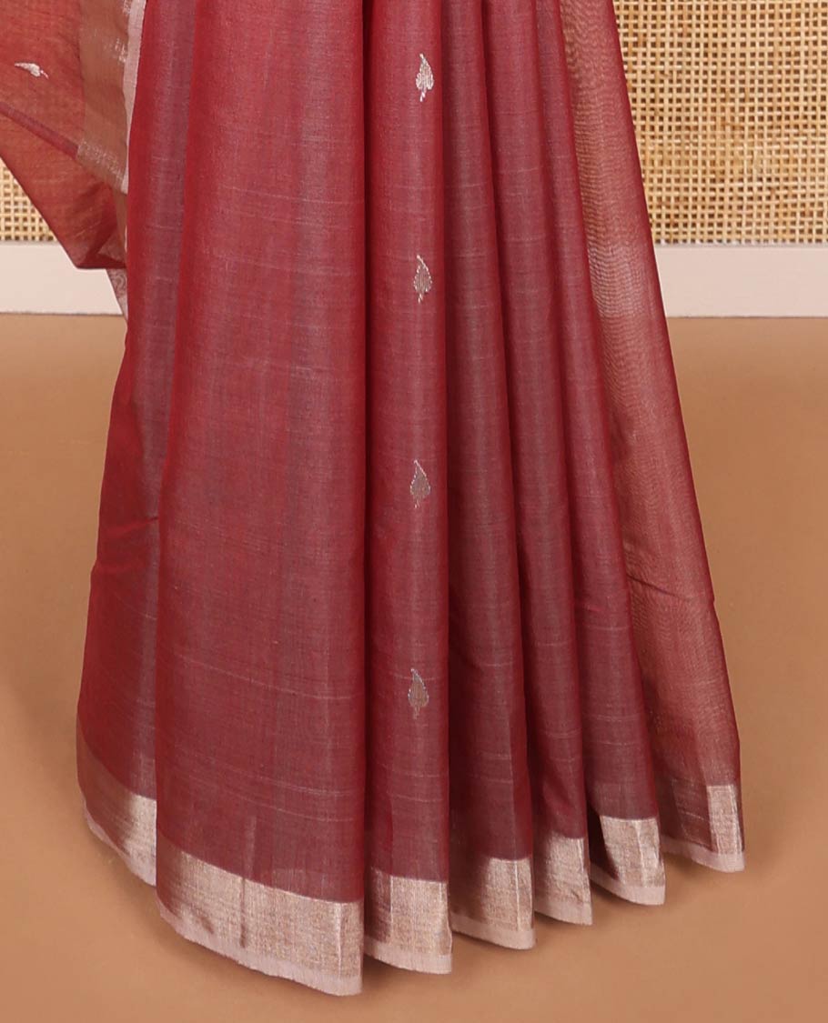 Maroon floral motifs chanderi cotton saree with contrast border & striped, floral design pallu