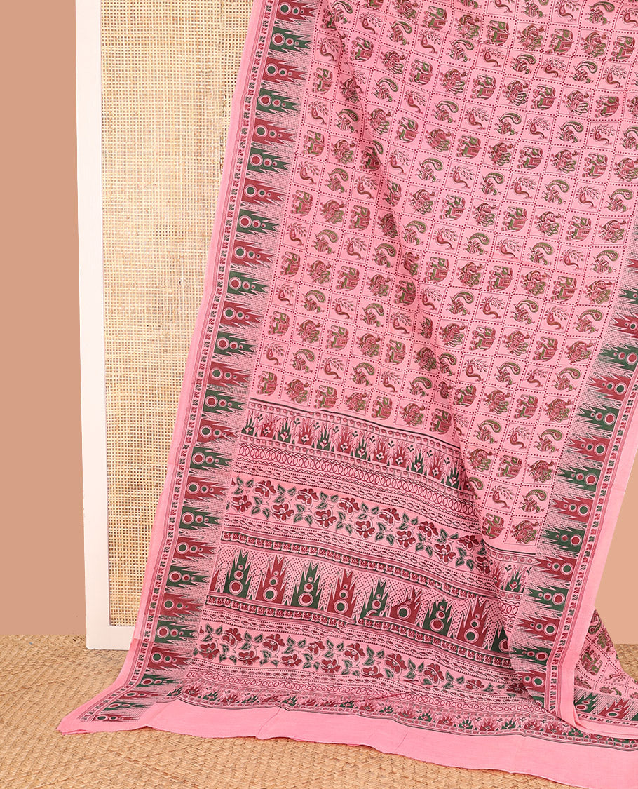 Pink Sungudi Cotton Saree Elegantly Printed with Animal Butta Enclosed Checks, Adorned with Temple Elephant Motif Border, and Artfully Printed Pallu