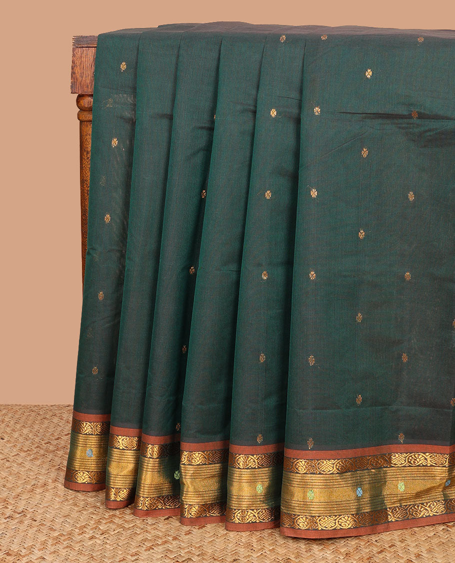 Green zari buttas Venkatagiri cotton saree with contrast traditional zari border, and pallu of zari stripes
