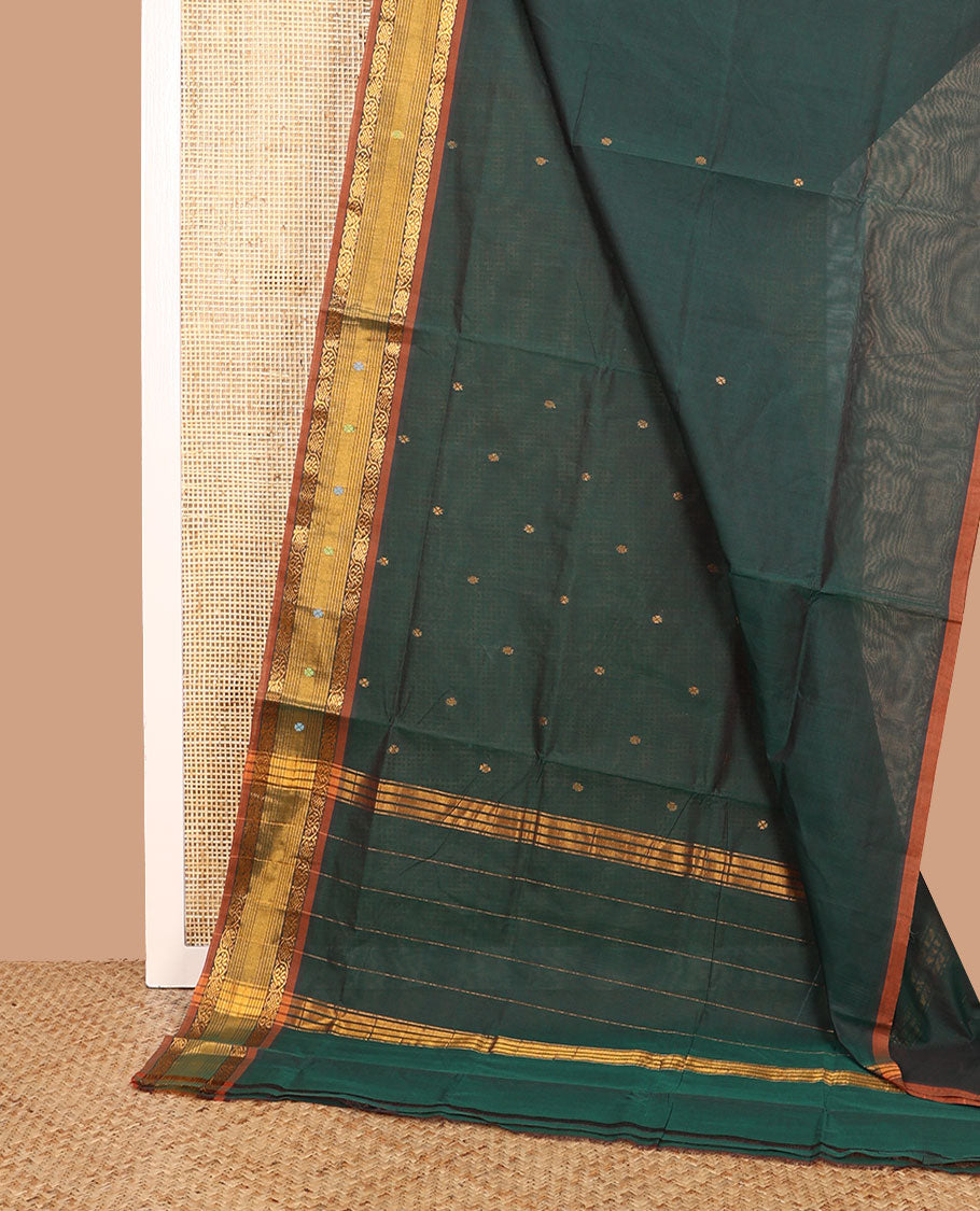 Green zari buttas Venkatagiri cotton saree with contrast traditional zari border, and pallu of zari stripes
