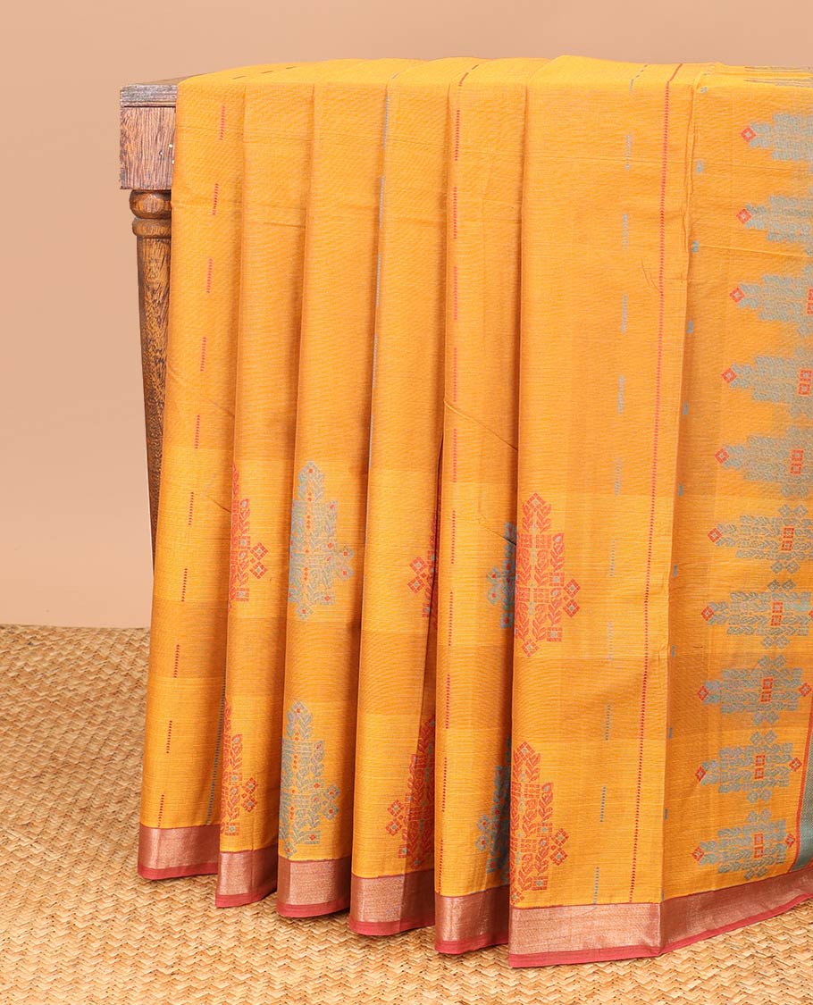 Mustard floral motifs coimbatore cotton saree with contrast zari border & floral design pallu