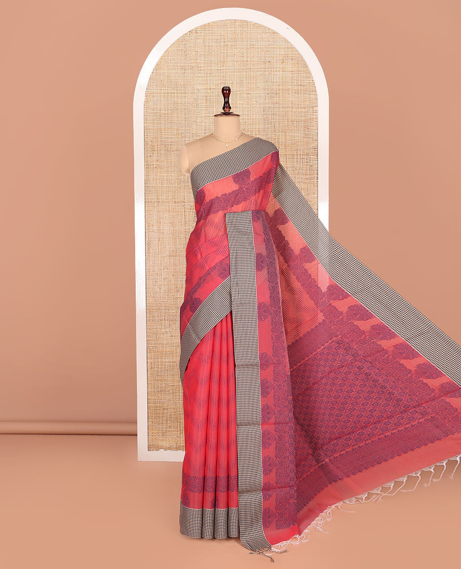 Red Semi-Silk Cotton Saree, Decked Up with Chevron Stripes All Over Its Body, Complemented by Contrast Micro-Checked Border, Pallu of Jaal Designs, and paired with a Matching Blouse