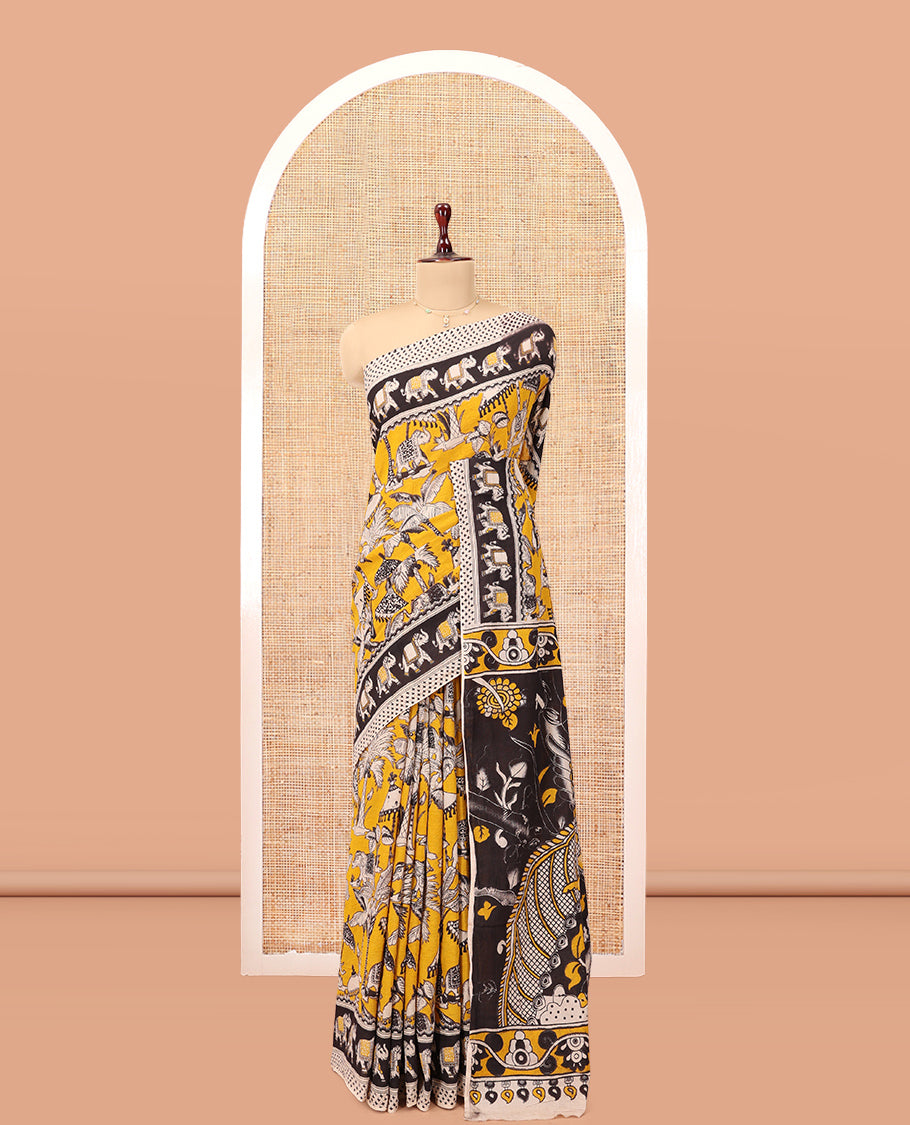 Yellow Kalamkari Cotton Saree, Embellished with Animal Motif Print, Contrast Printed Border, Kalamkari Animal Motifs Pallu, and a Contrast Blouse