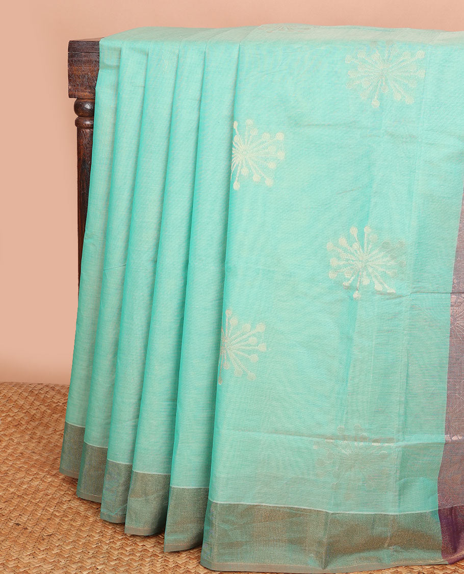 Green unique buttas Combatiore cotton saree, contrast plain border & contrast zari design pallu