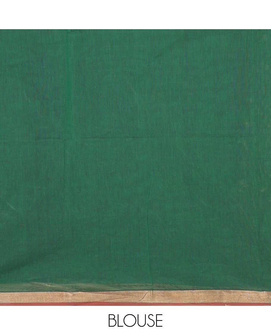 Green zari buttas Coimbatore cotton saree, zari piping border, and pallu of Mughal style peacock designs